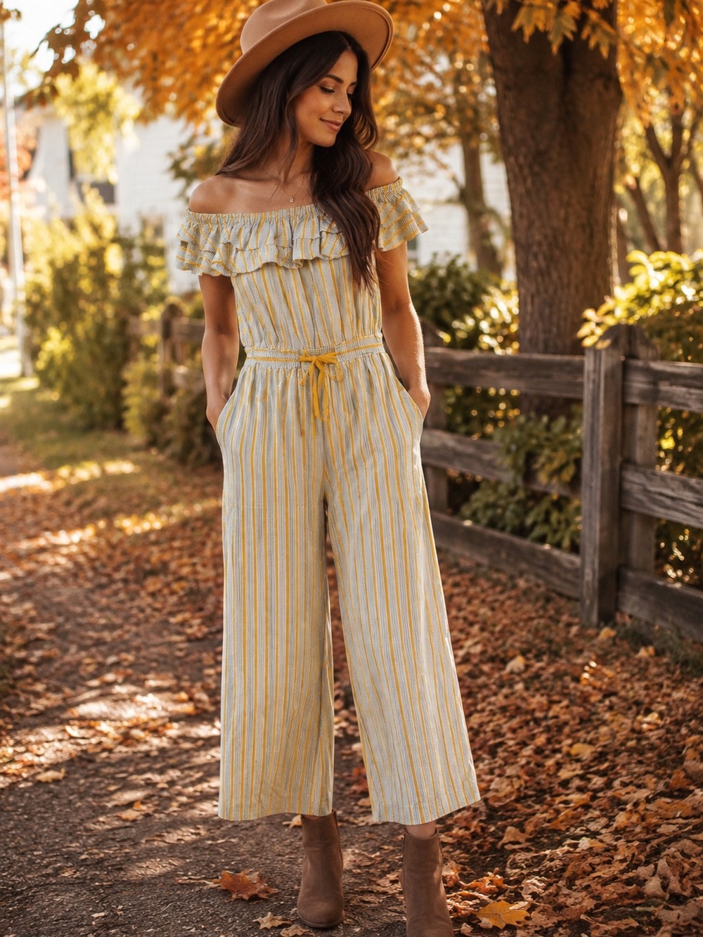 18. Striped Off-Shoulder Yellow & Cream Wide-Leg Jumpsuit with Pockets
